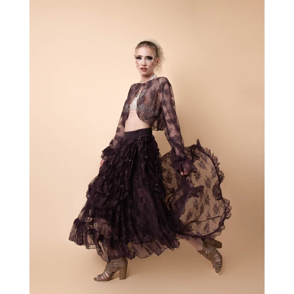 Women's Purple Handmade Flowy Layered Long skirt with train New